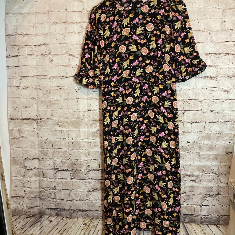 LOFT Midi Dress Womens 8 Petite Black Floral Side Slit Bell Sleeve Flowy